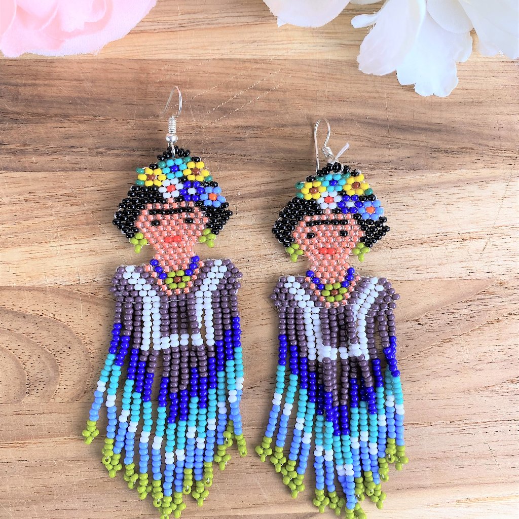 Hand-Made Frida Kahlo Huichol Earrings (Tan)